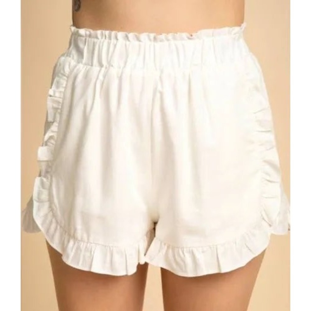 New In Ruffle Trim Linen Blend Shorts Cream High Waist NP70048 Large